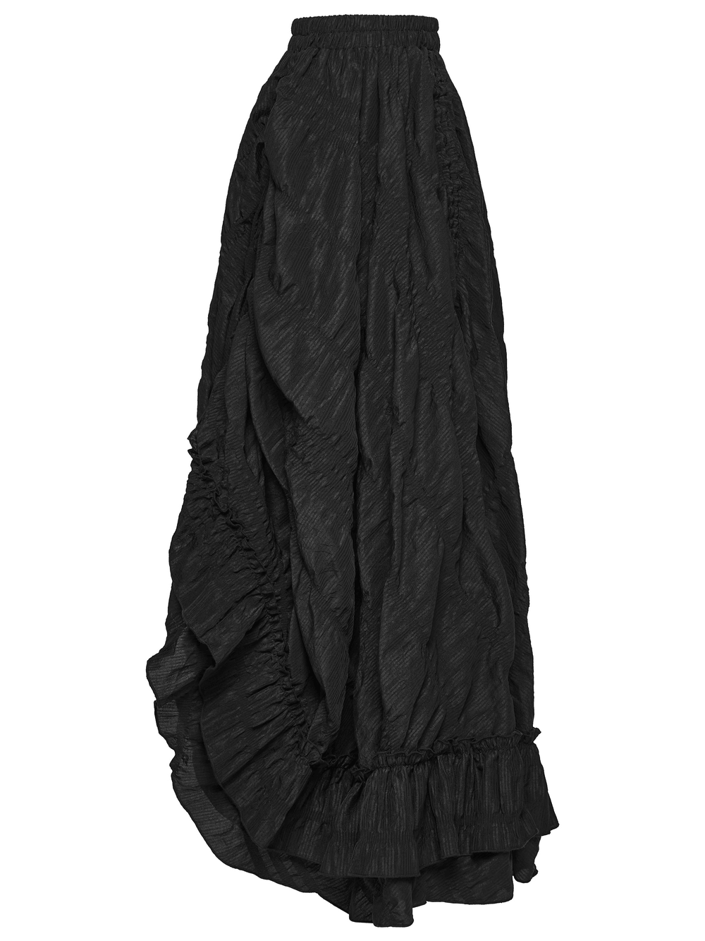 Alt Tag: Elegant Women's Ruched Maxi Skirt with Layered Hem in black gothic pleated woven fabric, drawstring ruching, layered ruffle hem