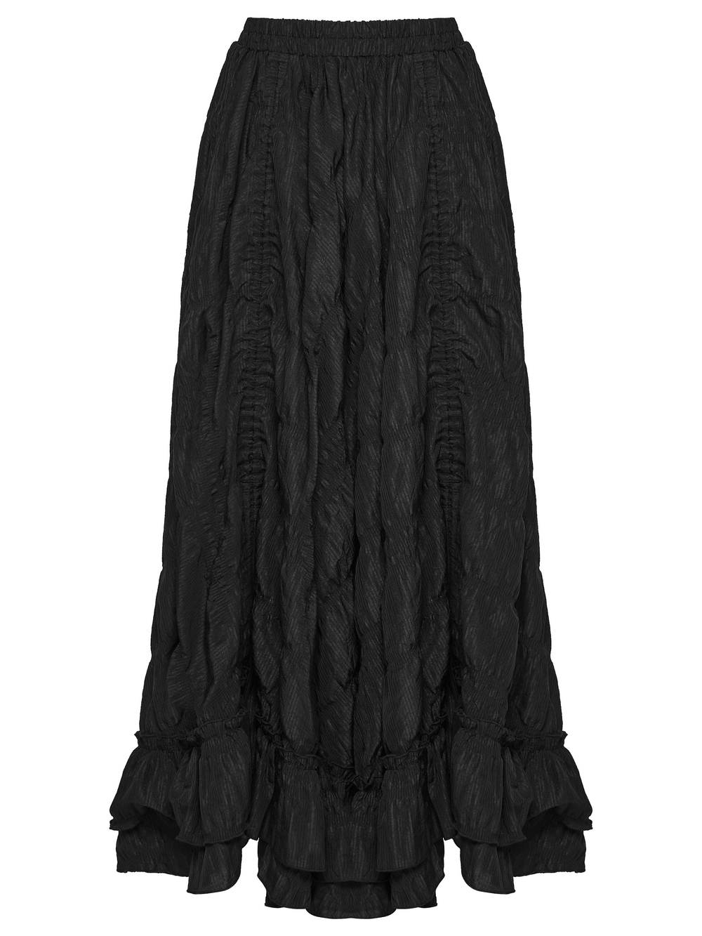 Alt Tag: Elegant Women's Ruched Maxi Skirt with Layered Hem black goth pleated retro maxi skirt with drawstring ruching and layered ruffle hem