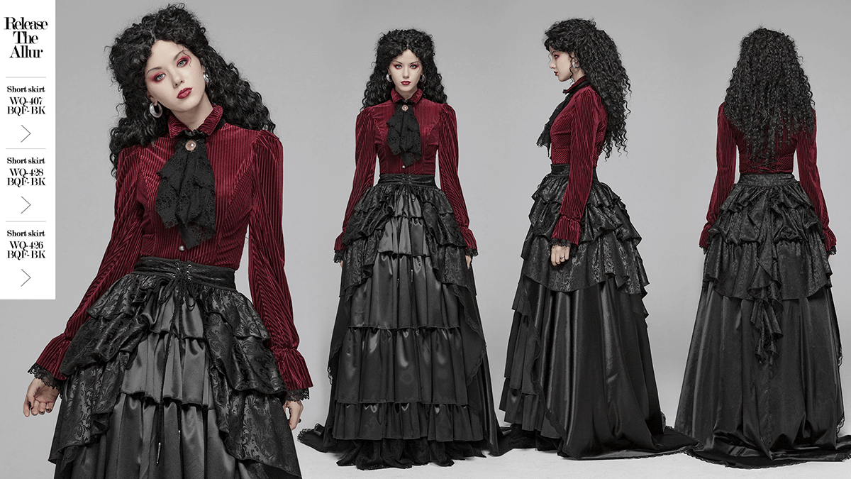 Elegant women's gothic velvet shirt in burgundy, styled with black ruffled skirt, capturing Victorian elegance.