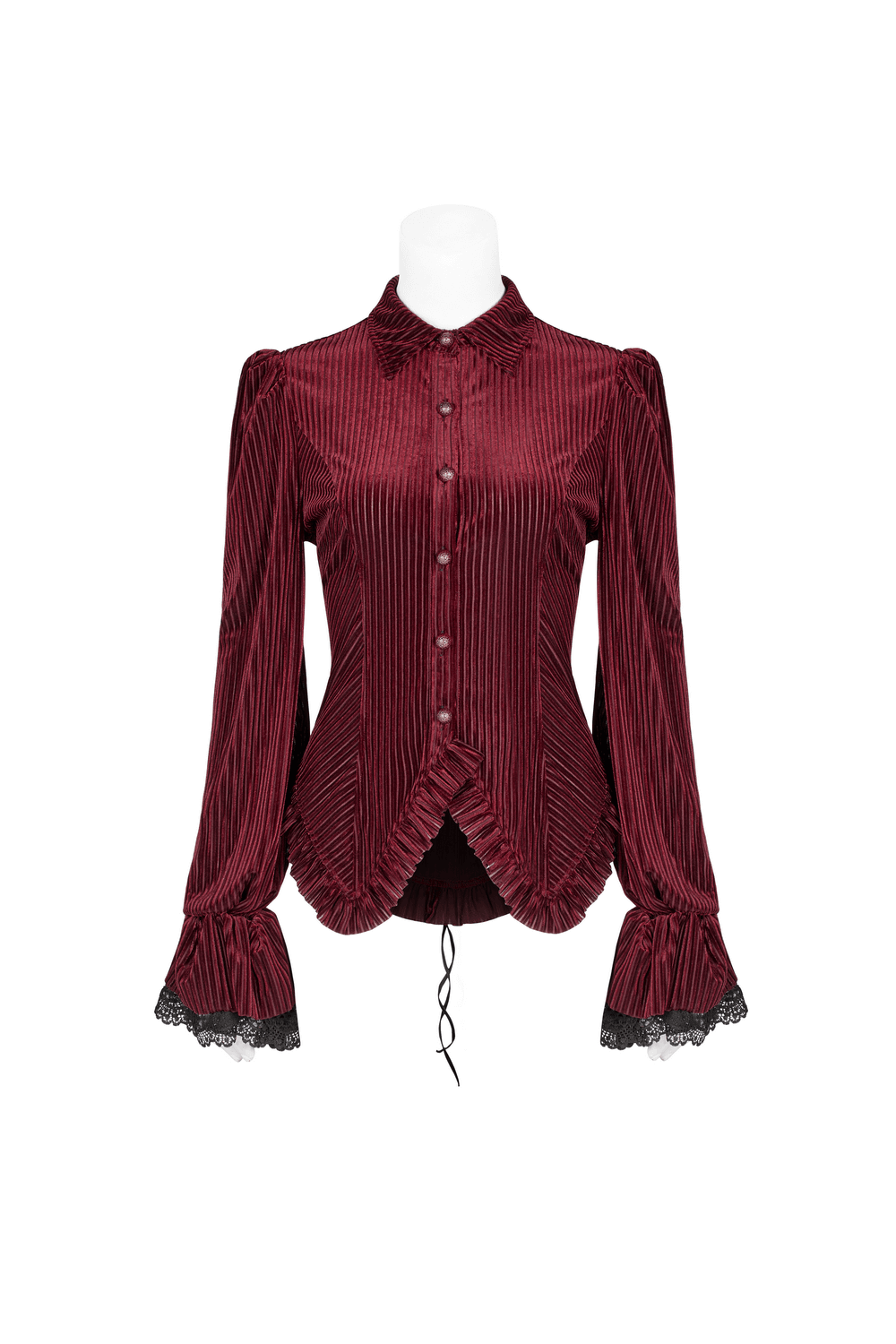 Elegant women's burgundy velvet corset shirt with lace detail and dark stripes for a gothic look.