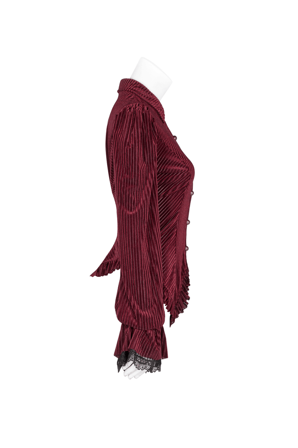Elegant women's burgundy velvet corset shirt with lace detail and dark stripes, showcasing gothic fashion style.