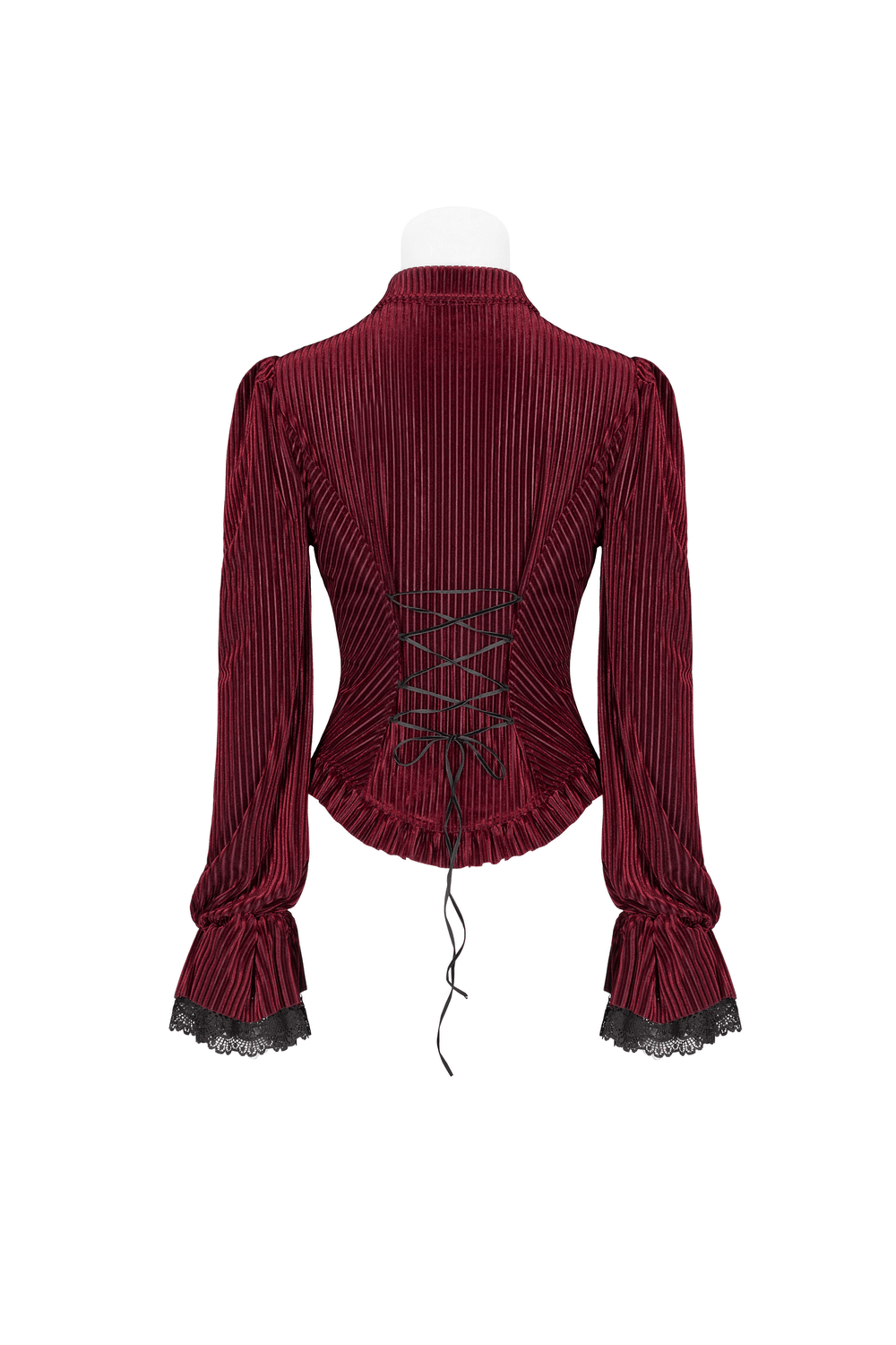Elegant burgundy velvet corset shirt with gothic lace details and adjustable back, perfect for a slimming silhouette.