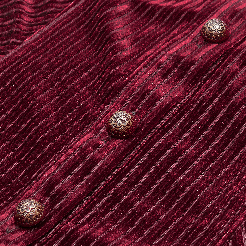 Close-up of burgundy velvet fabric with elegant striped texture and ornate silver buttons, perfect for gothic fashion.