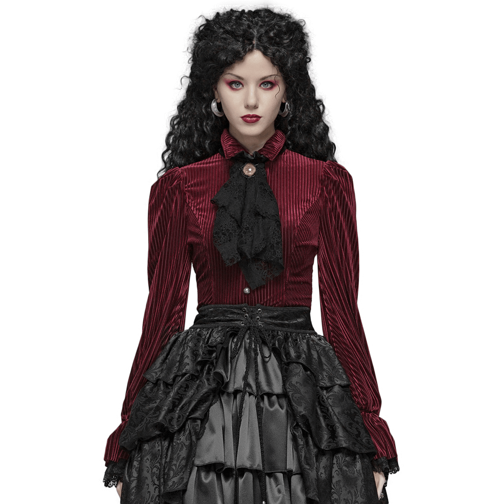Elegant gothic women's burgundy velvet corset shirt with lace details and dark stripes, perfect for a Victorian-inspired look.