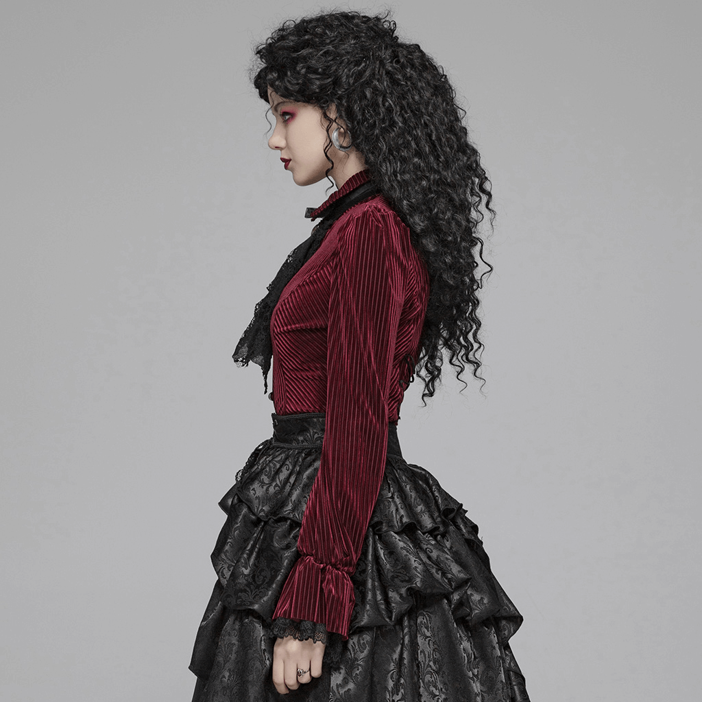 Elegant gothic women's burgundy velvet corset shirt with lace detail and flared sleeves, perfect for Victorian fashion.