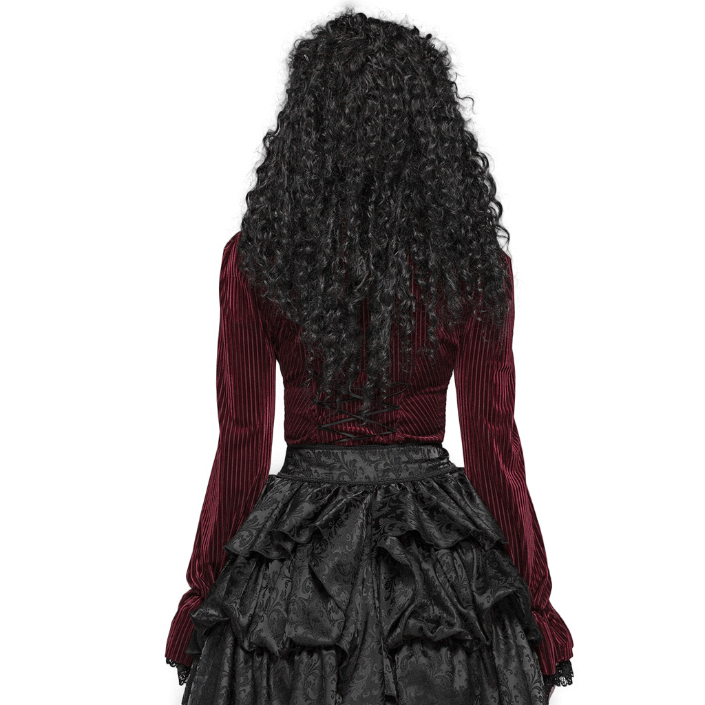 Back view of elegant burgundy velvet corset shirt with dark stripes, paired with a black gothic skirt.