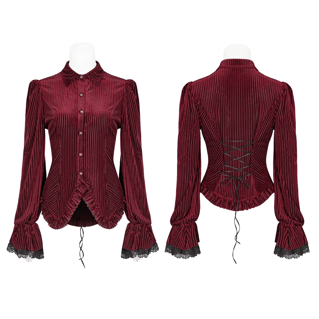 Elegant burgundy velvet corset shirt with lace detail, featuring dark stripes and adjustable back for a gothic style.