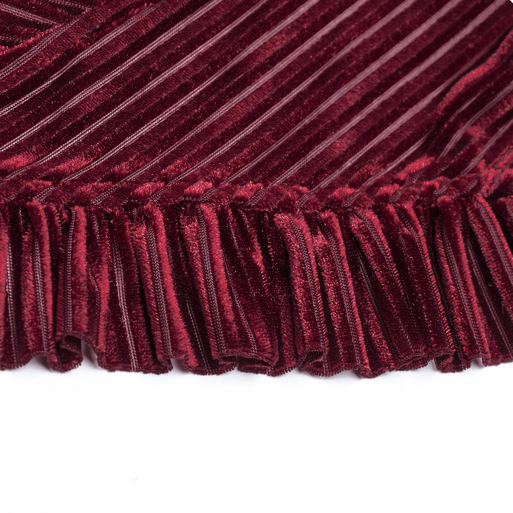 Close-up of burgundy striped velvet fabric with ruffled lace detail, perfect for a Victorian gothic style shirt.