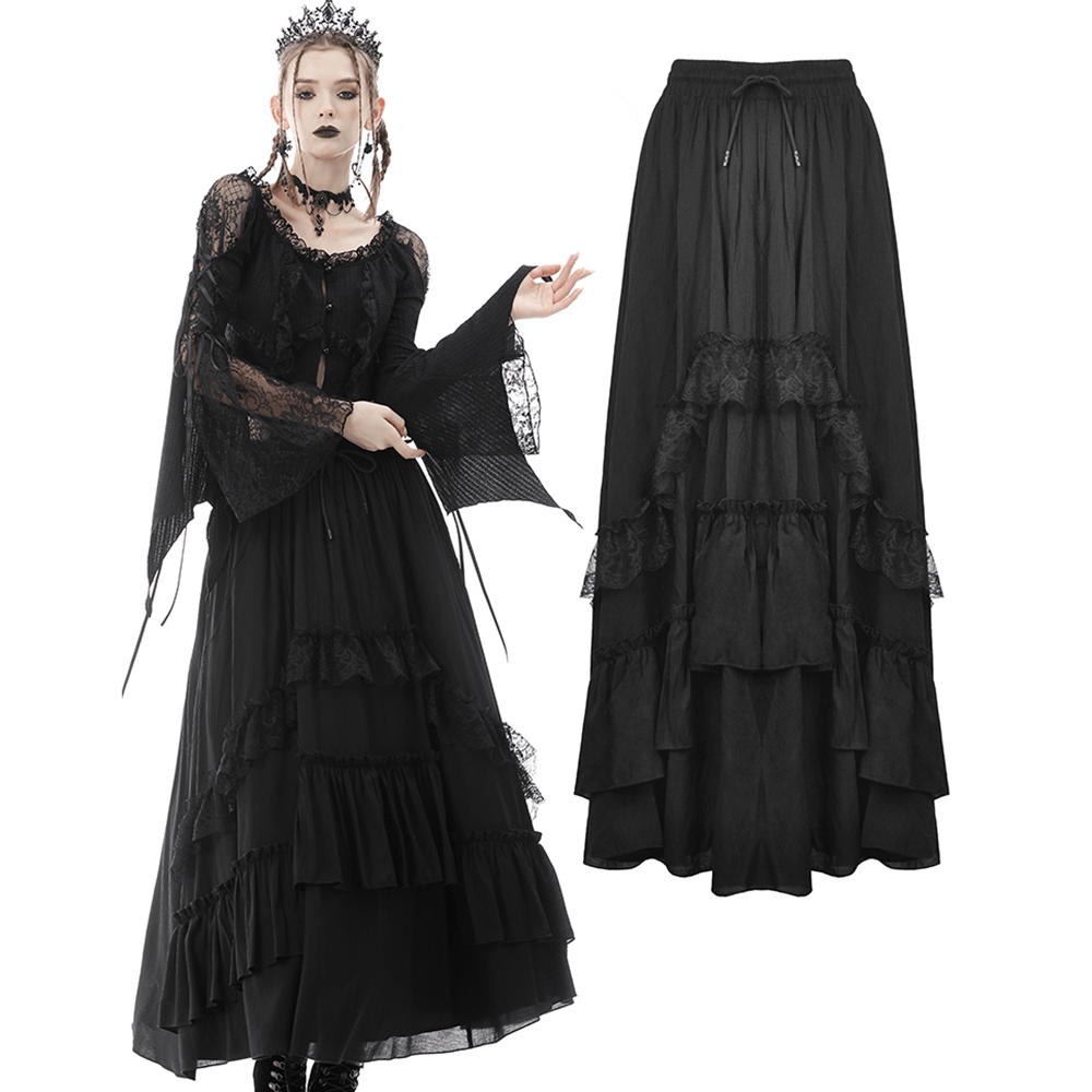 Elegant black tiered maxi skirt with lace detail, perfect for dark romance and steampunk fashion.