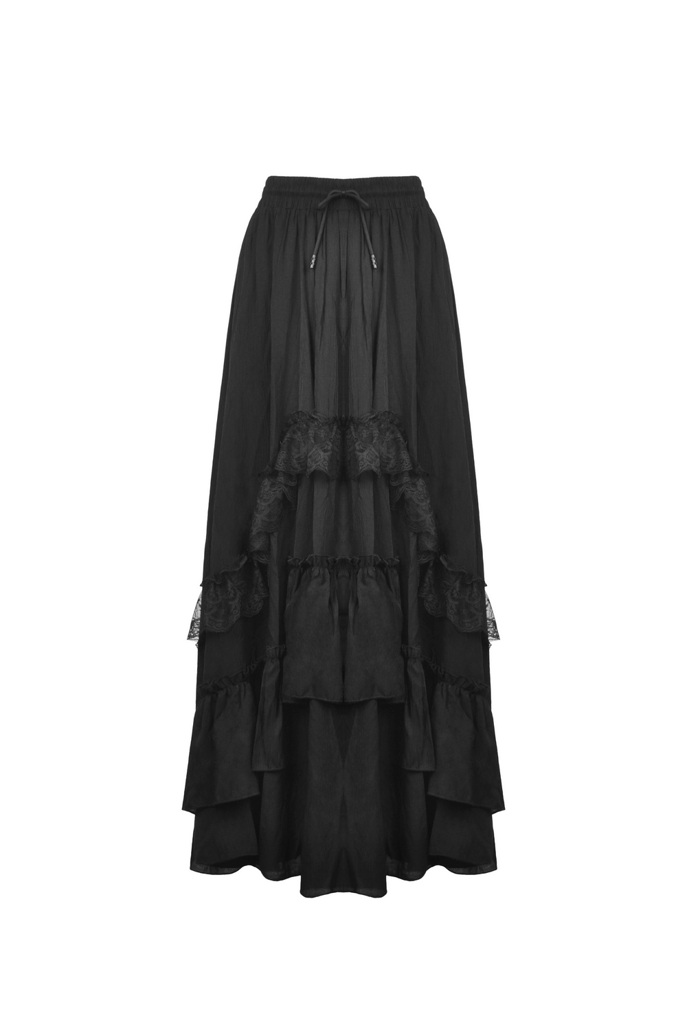 Elegant black tiered maxi skirt with lace ruffle detail for a dramatic steampunk style.