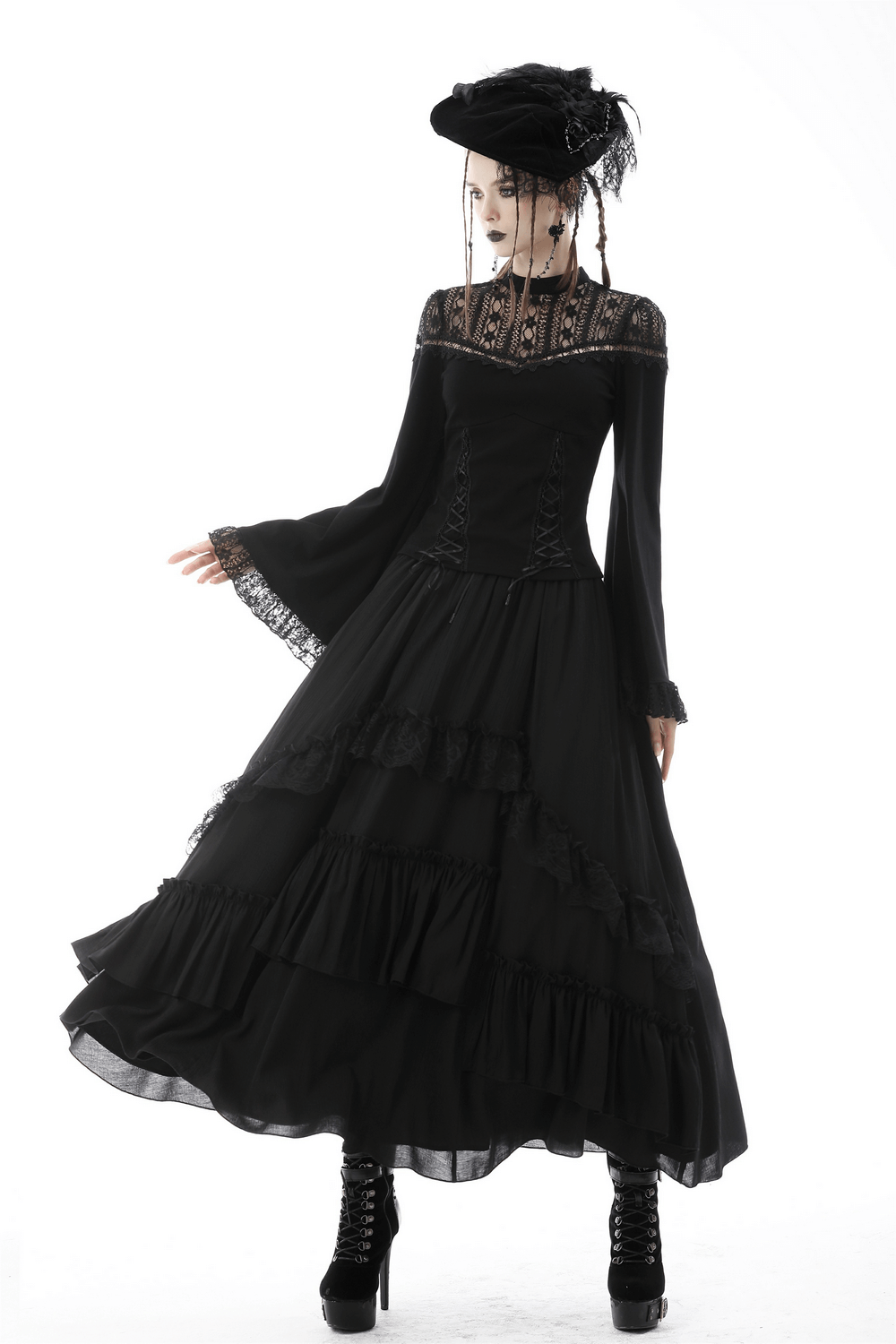 Elegant black lace ruffle dress with long sleeves, high neckline, and tiered skirt, perfect for dark romance fashion.