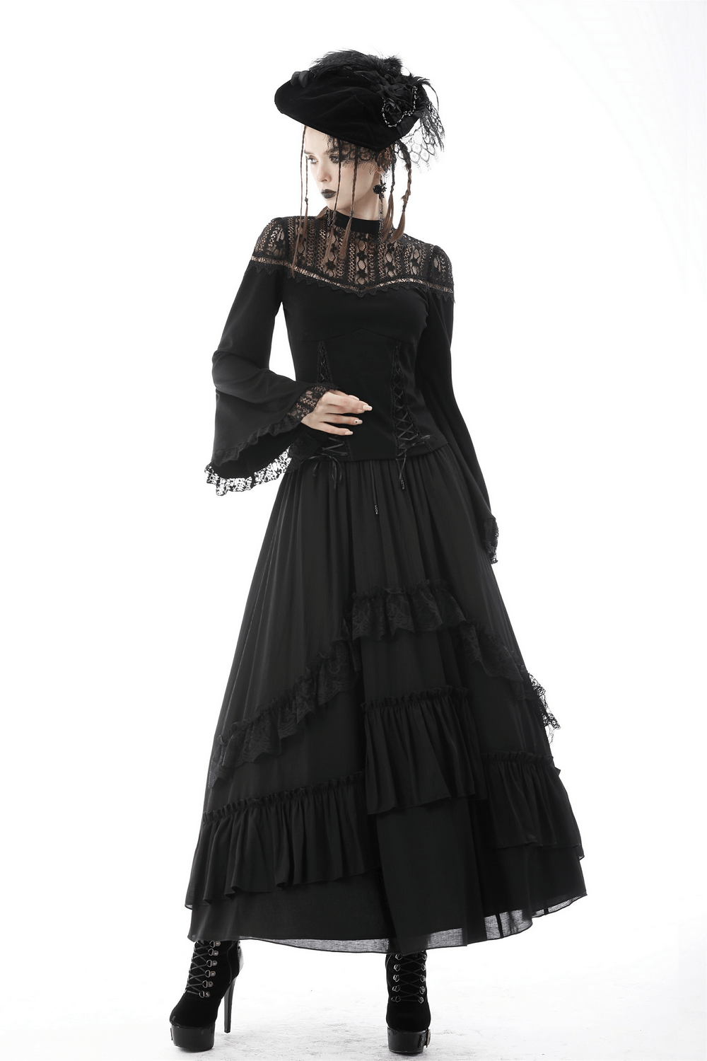 Elegant black tiered maxi skirt with lace detail, perfect for steampunk and dark romance styles.