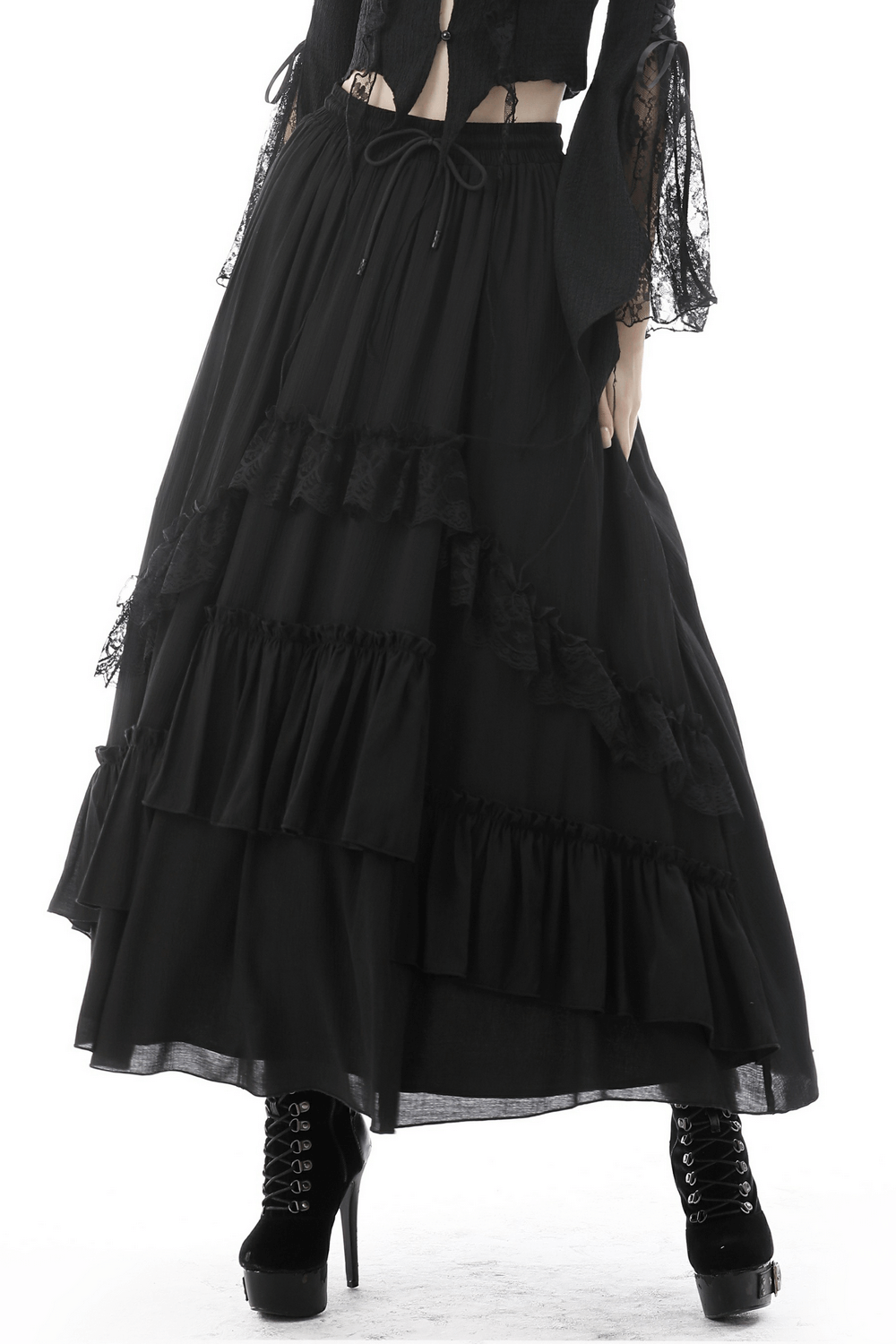 Elegant black tiered maxi skirt with lace ruffle detail, perfect for a dramatic steampunk look.