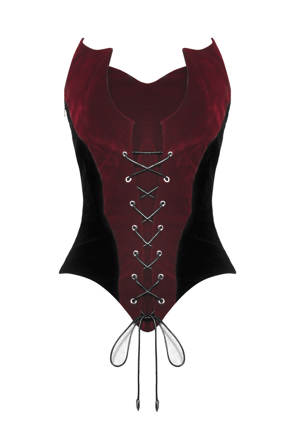 Elegant wine-red velvet corset with dramatic lace-up front, perfect for costumes and everyday edge.