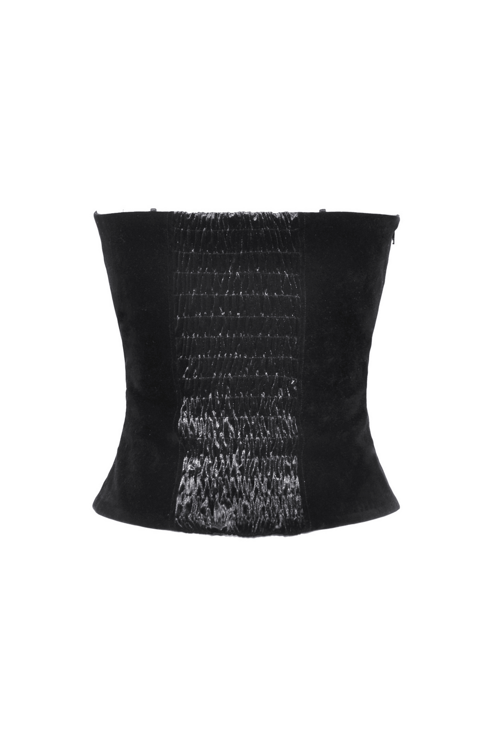 Elegant black velvet corset with striking smocked detailing and a form-fitting silhouette for a stunning look.