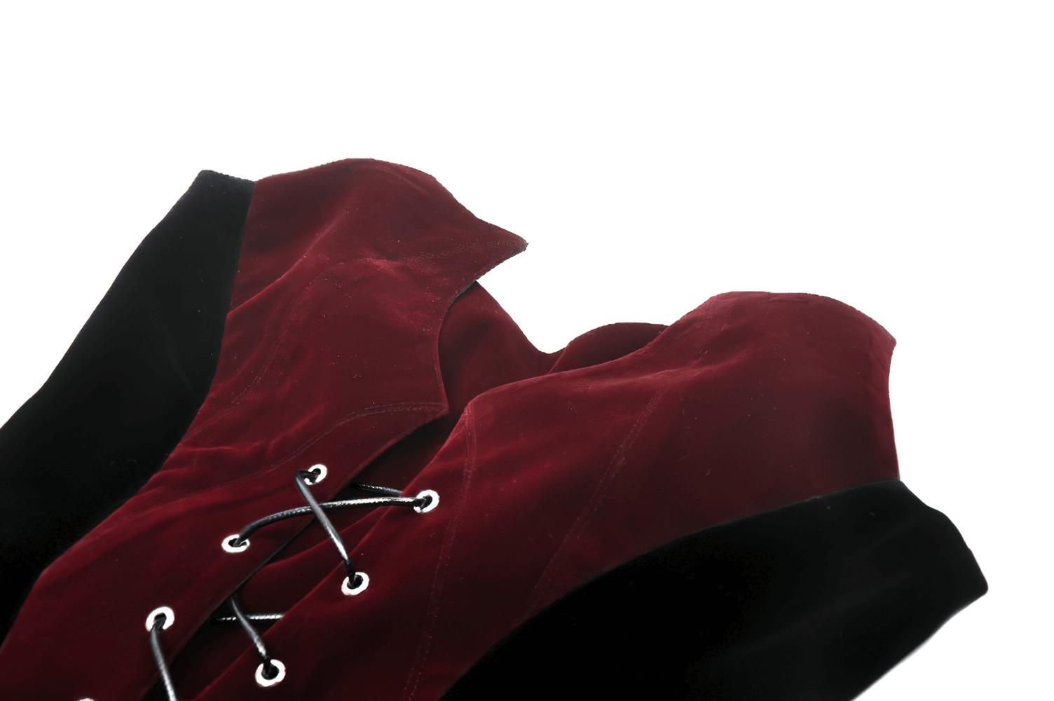 Elegant wine-red velvet corset with lace-up front detail and dramatic sweetheart neckline.