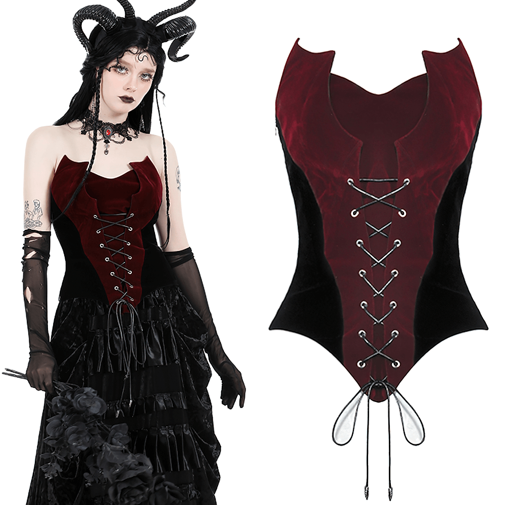 Elegant wine-red velvet corset with dramatic lace-up front and sweetheart neckline, perfect for costumes or edgy outfits.