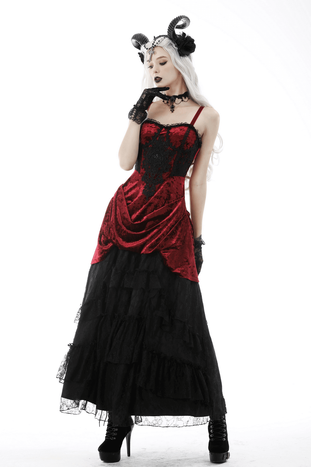 Elegant Women's Velvet Dress with Straps and Lace Detailing