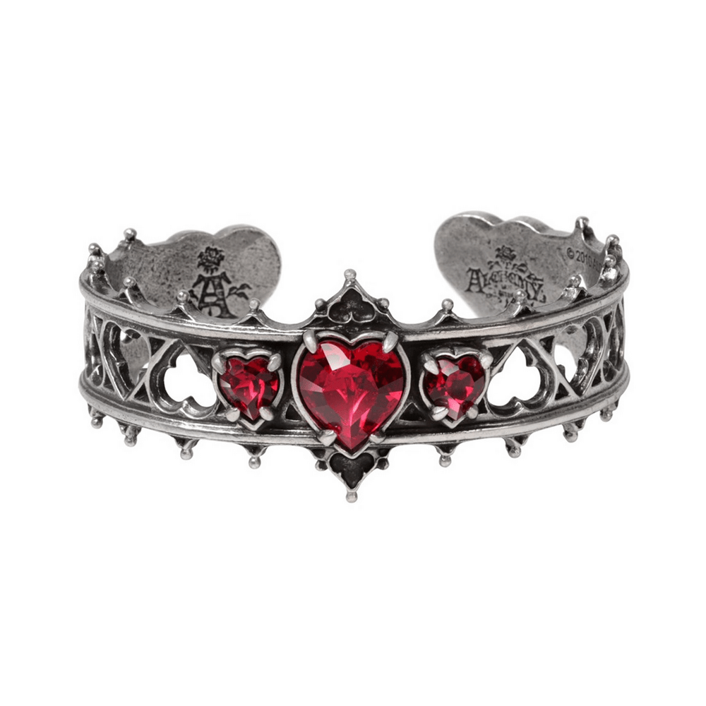 Gothic Elizabethan pewter bracelet featuring intricate ruby crystal hearts, adjustable fit, handmade in England.