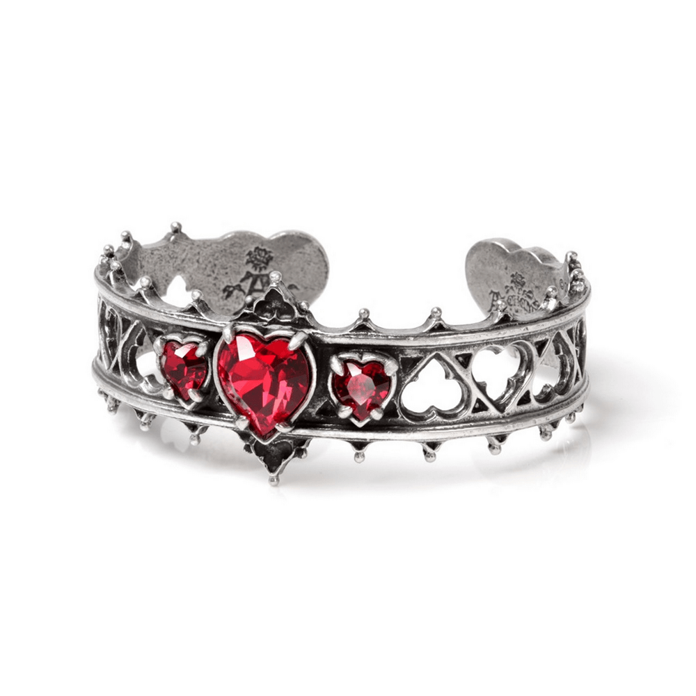 Gothic Elizabethan pewter bracelet with ruby Austrian hearts, featuring intricate heart designs and adjustable fit.