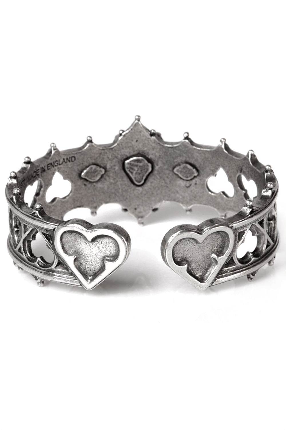 Gothic Elizabethan pewter bracelet with intricate heart designs and ruby Austrian crystal accents.