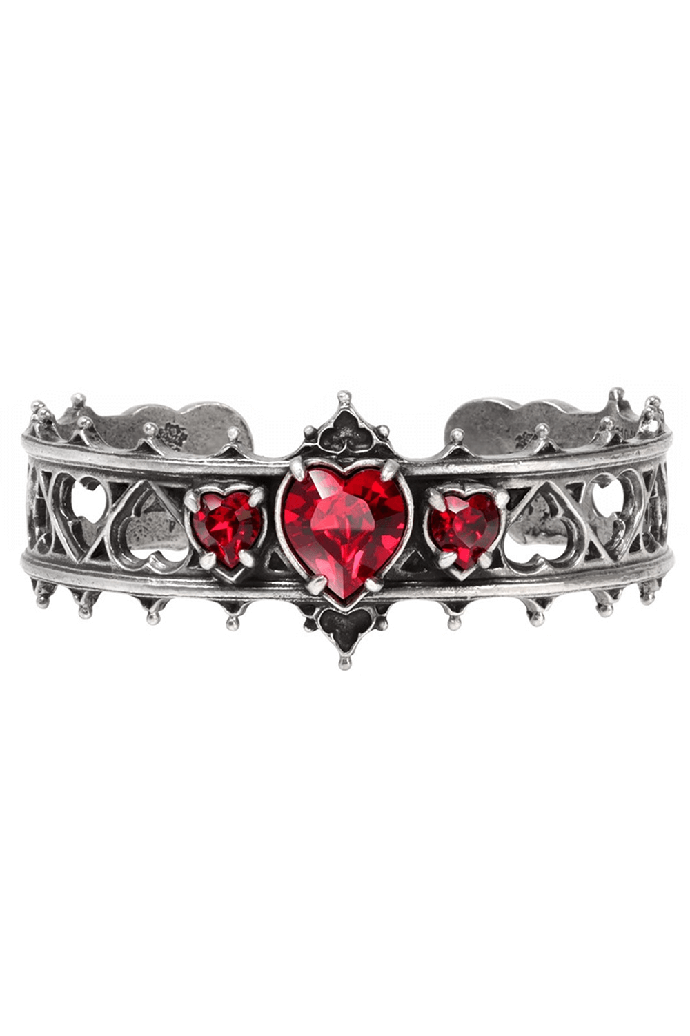Gothic Elizabethan pewter bracelet with ruby Austrian hearts, inspired by 16th-century elegance.