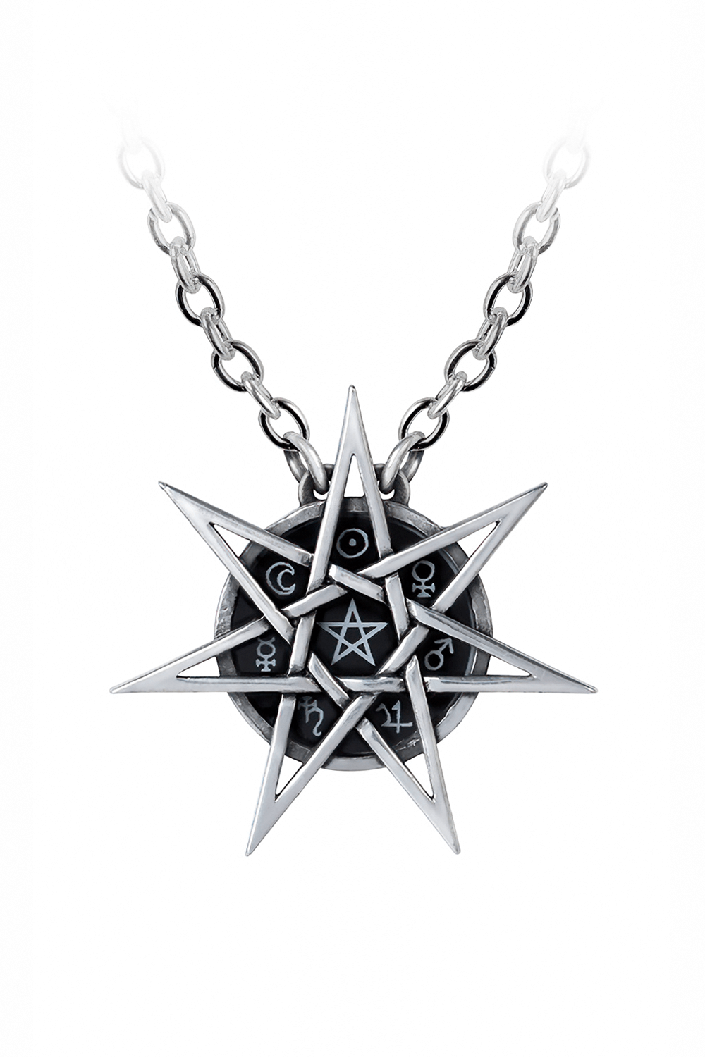 Elven Star Pendant featuring a pentagram and planetary sigils on a chain, perfect for Wiccan style.