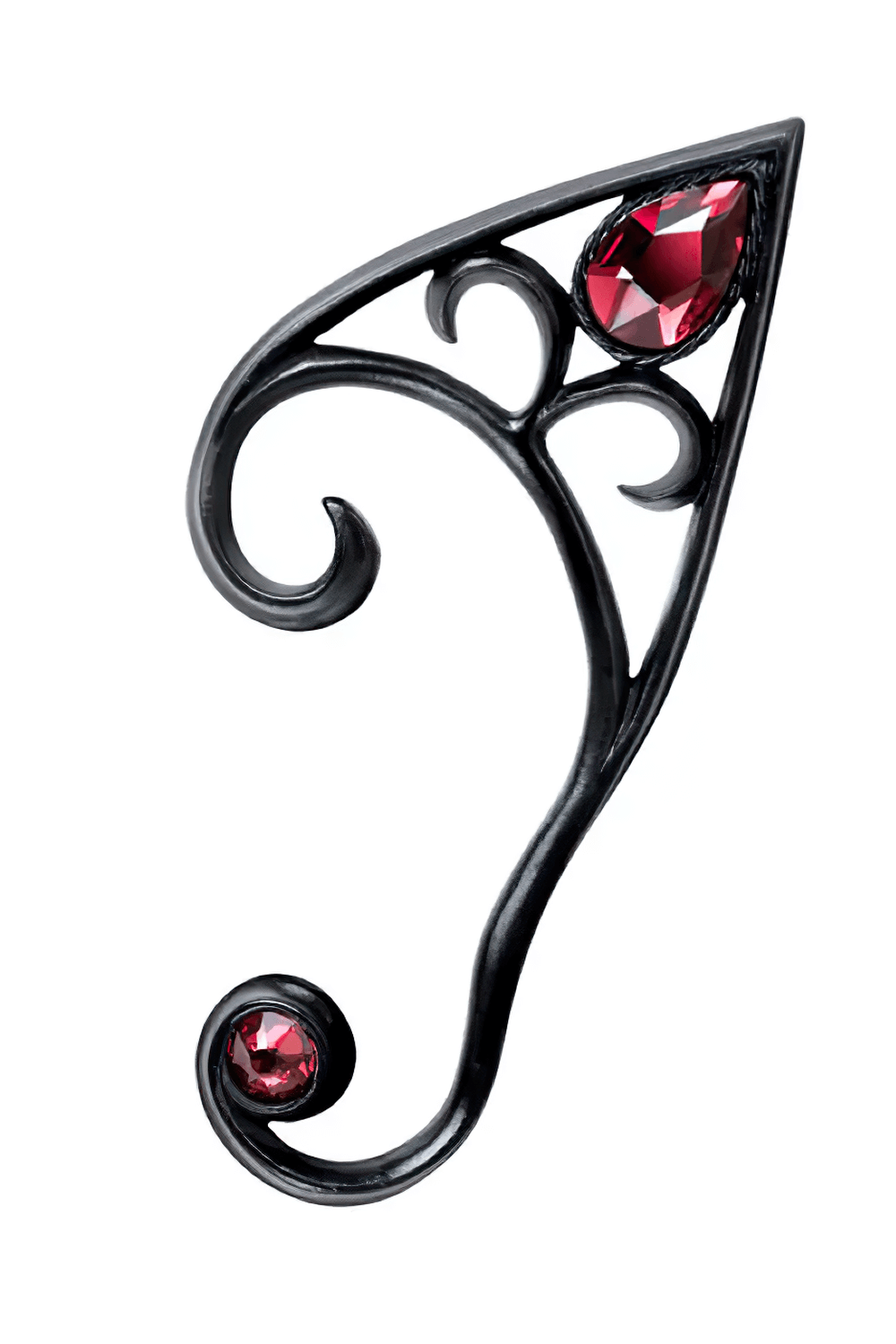 Elvyn pewter earwrap featuring intricate swirls and red crystals, perfect gothic ear jewelry.