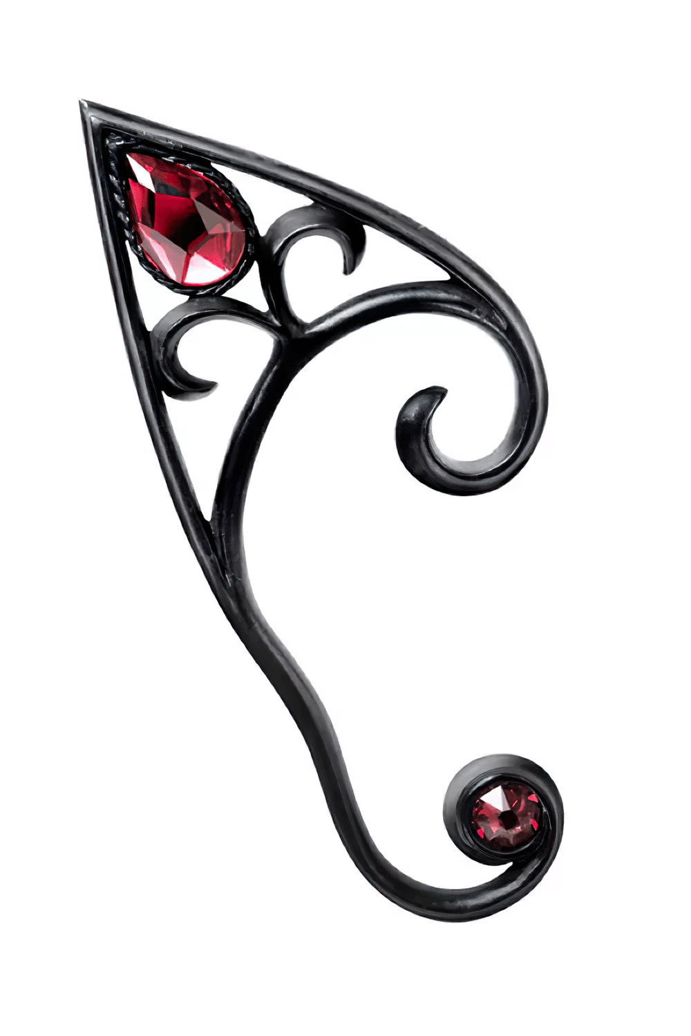 Elvyn Pewter Earwrap features intricate swirls and red crystals, adding a gothic touch to your accessory collection.
