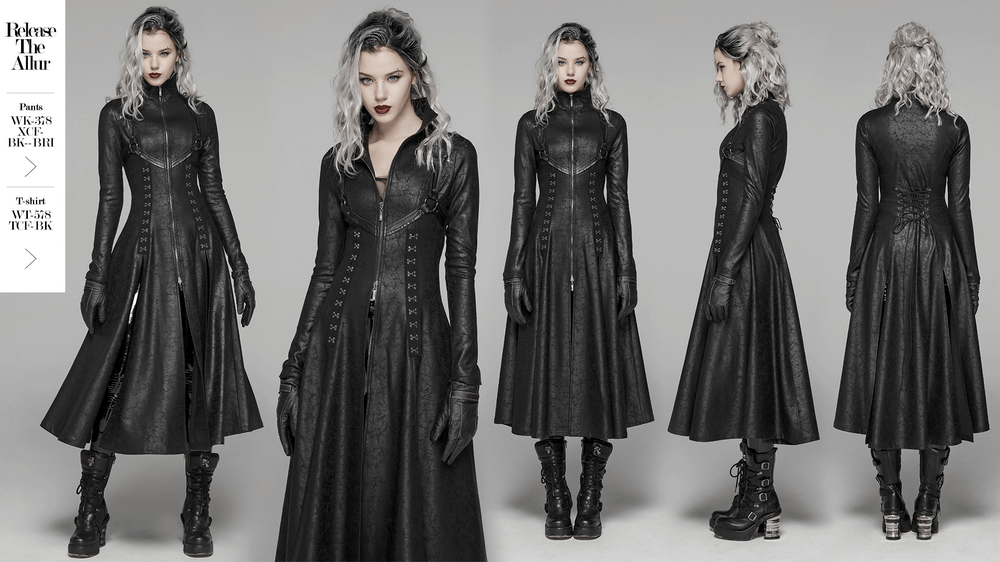 Embossed Dark Elegance Punk Full-Length Coat showcasing unique texture and slim fit design in a stylish black finish.