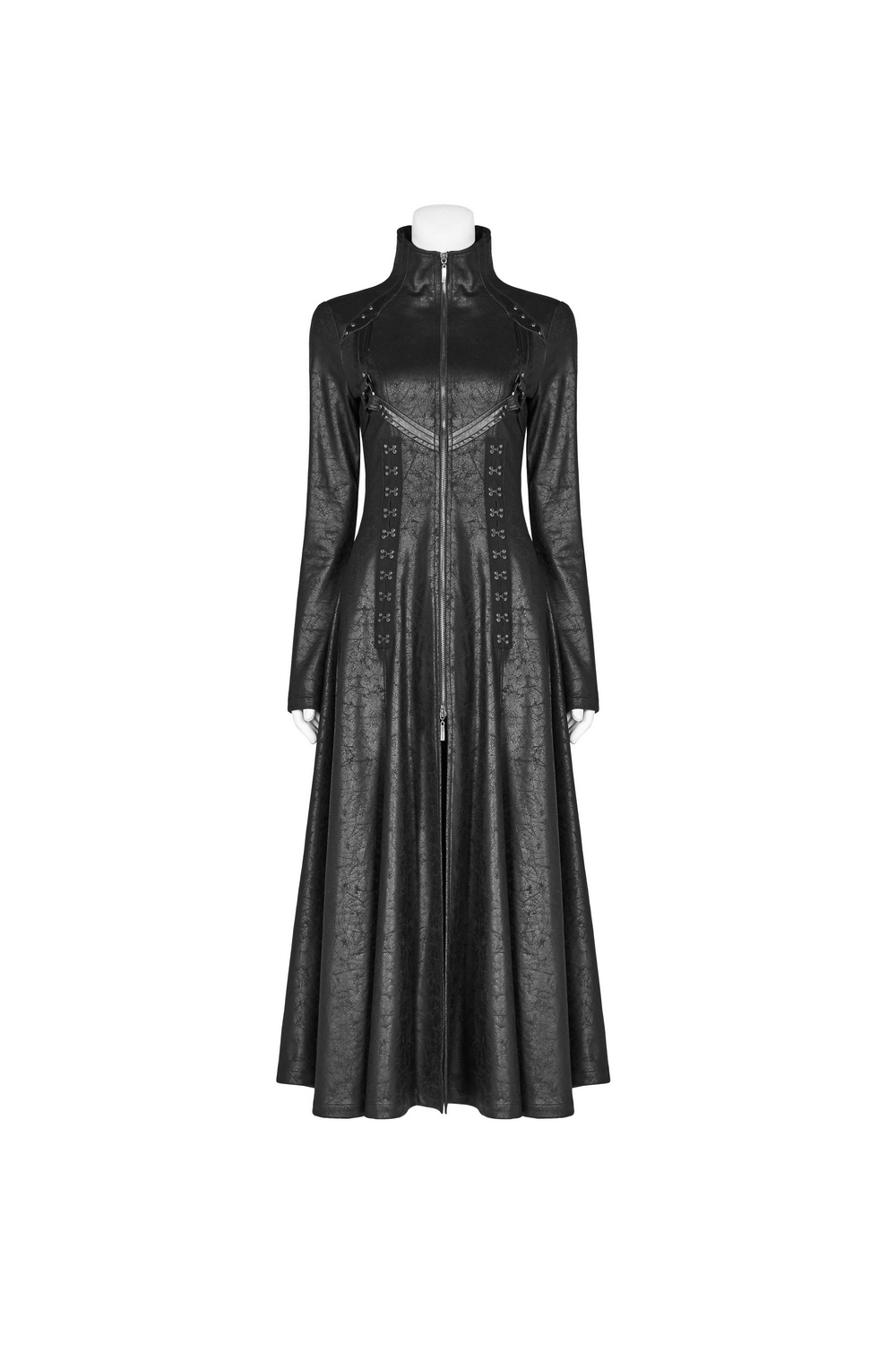 Embossed Dark Elegance Punk Full-Length Coat with sleek zip front and stylish lace-up details.