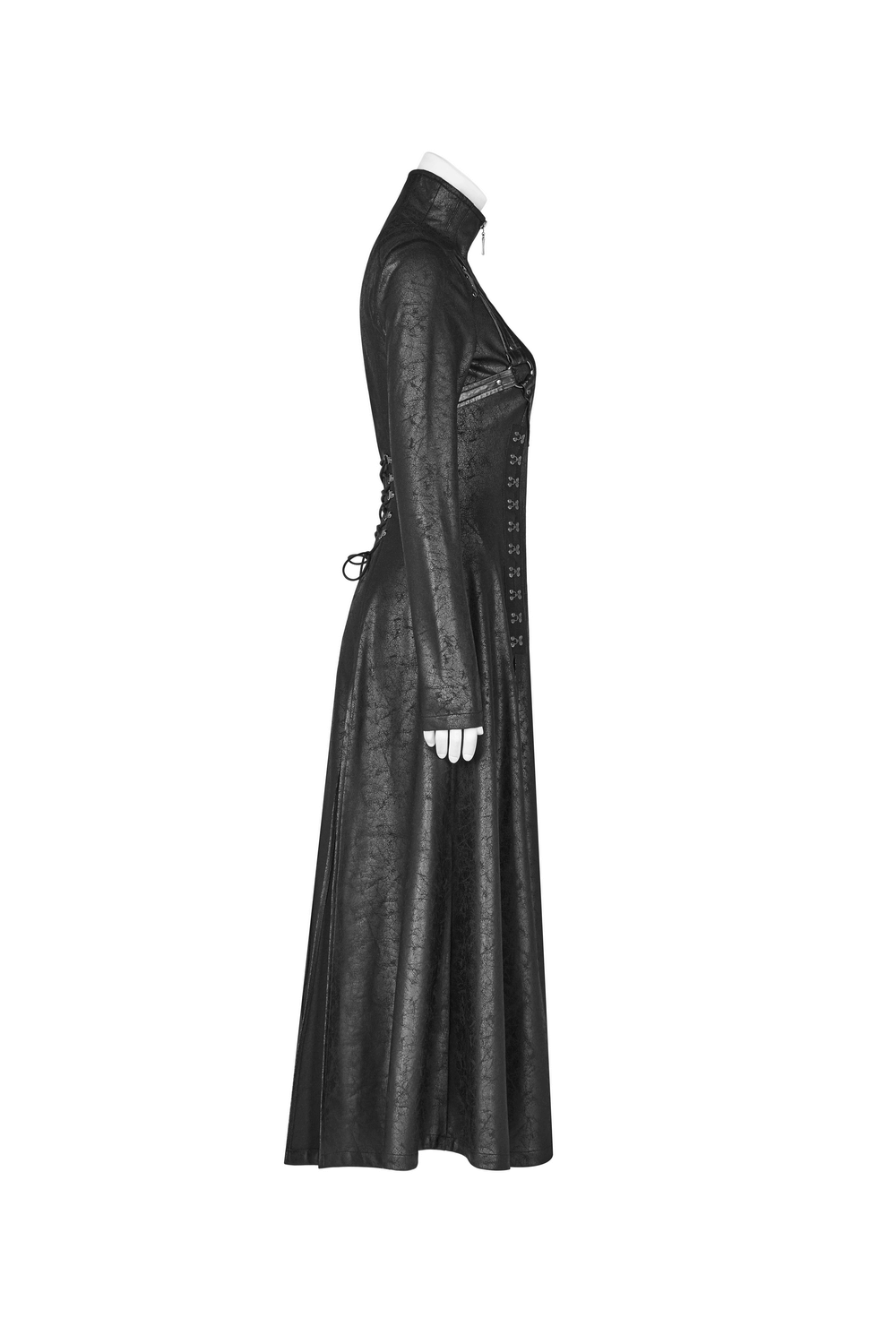 Side view of Embossed Dark Elegance Punk Full-Length Coat, highlighting the slim fit and intricate branch pattern fabric.