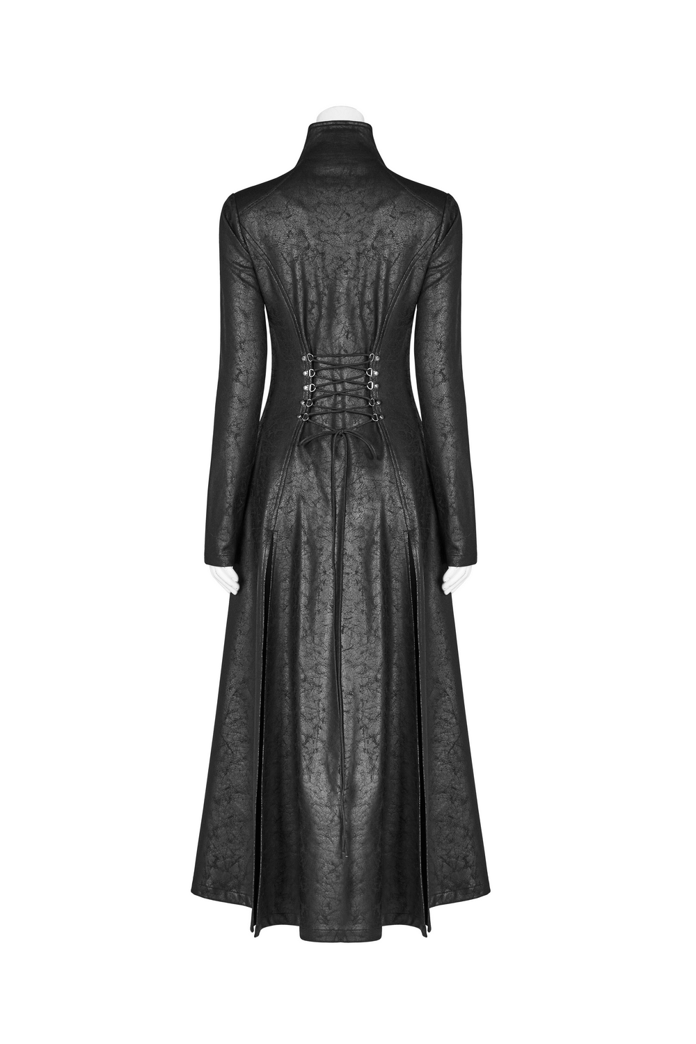 Back view of an embossed dark punk full-length coat featuring a slim fit design and elegant lace-up detail.