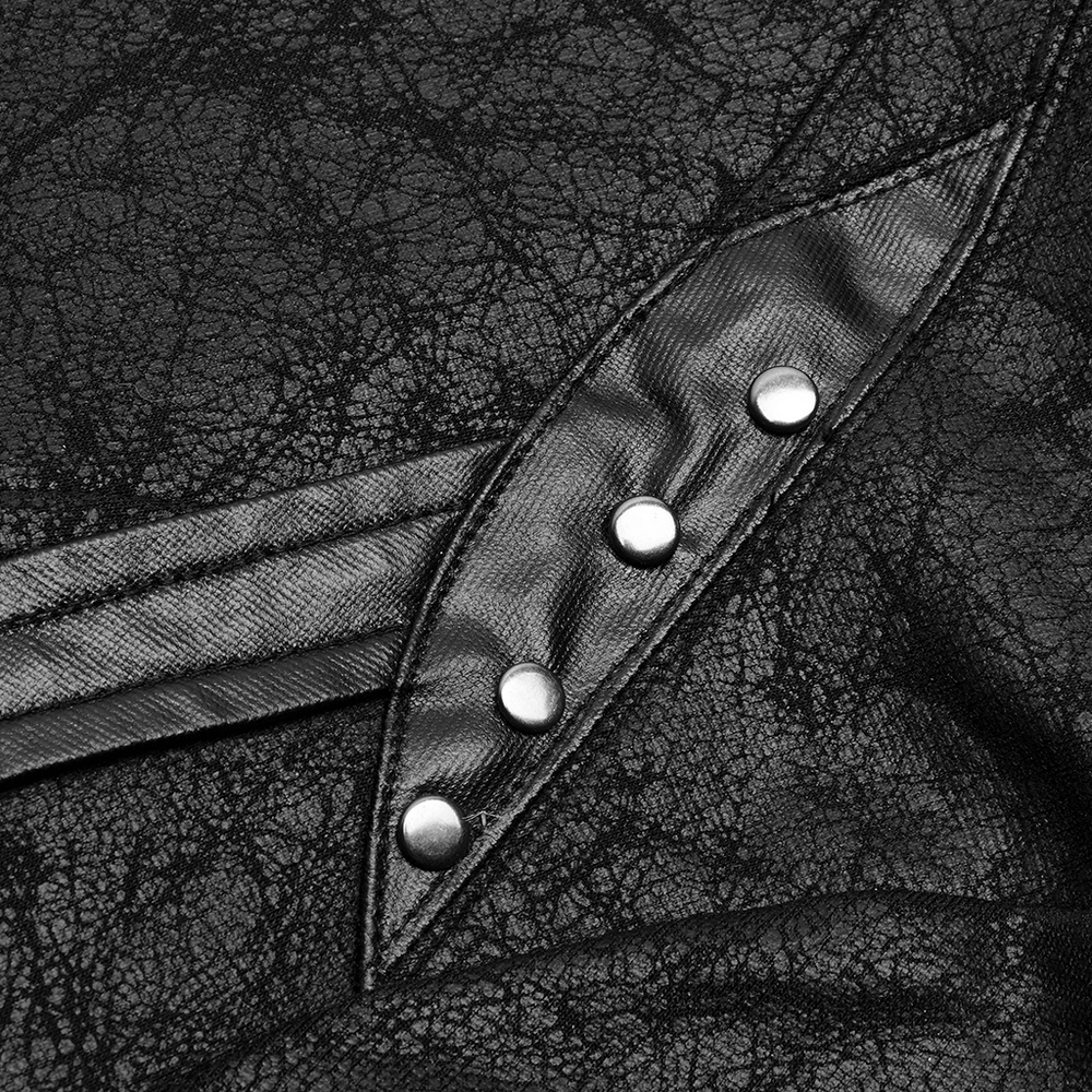 Close-up of embossed black fabric with stylish buttons, showcasing the unique texture of a punk coat.