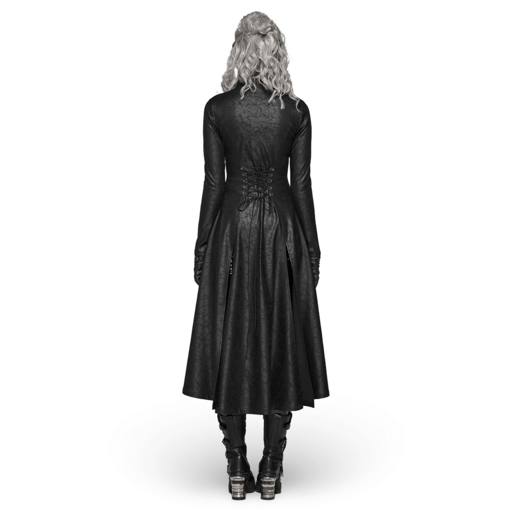 Back view of an embossed dark punk full-length coat with a slim fit design, perfect for a bold fashion statement.