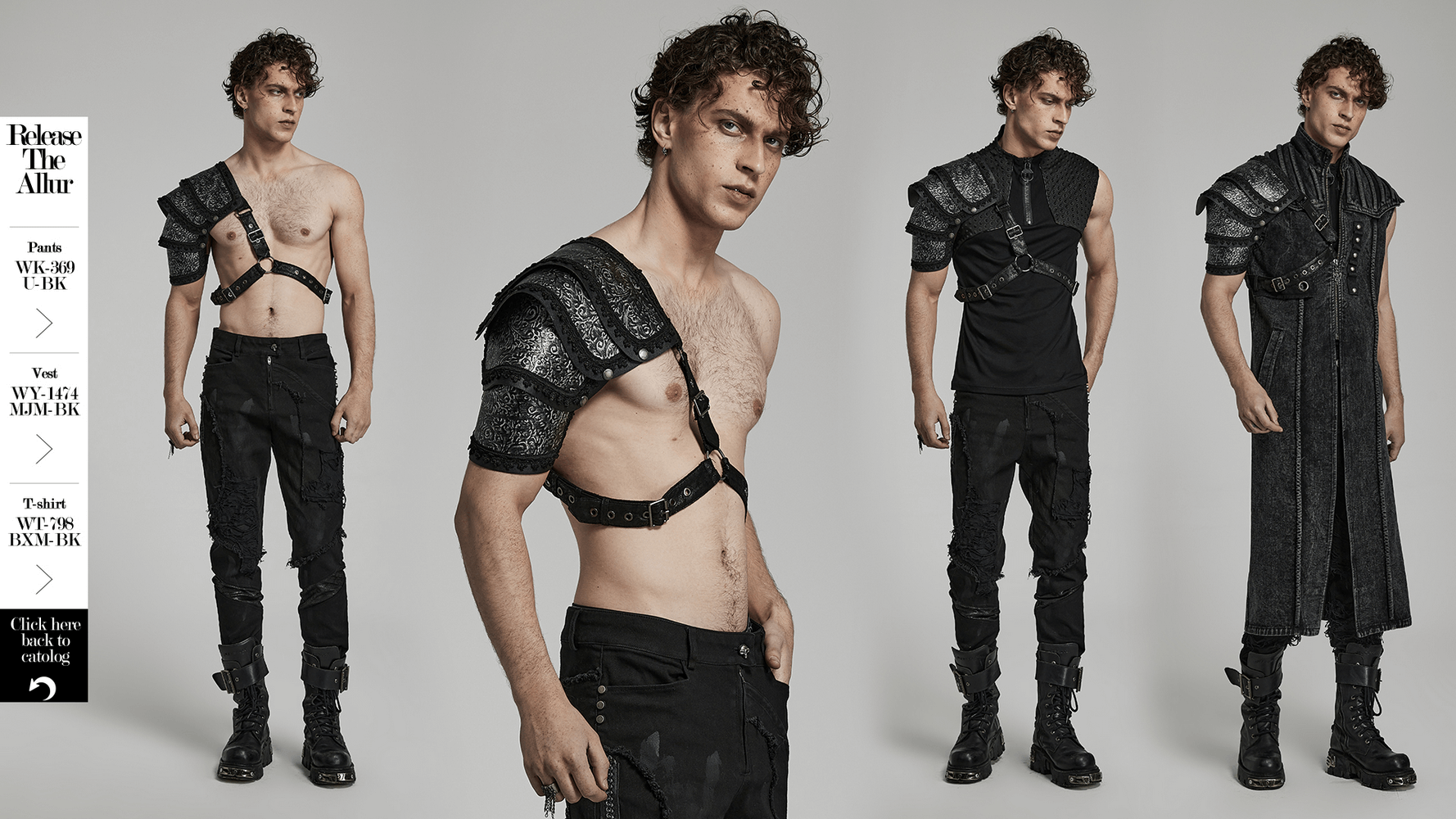 Men showcasing the Embossed Leather Gothic Shoulder Guard, featuring bold design and adjustable straps.