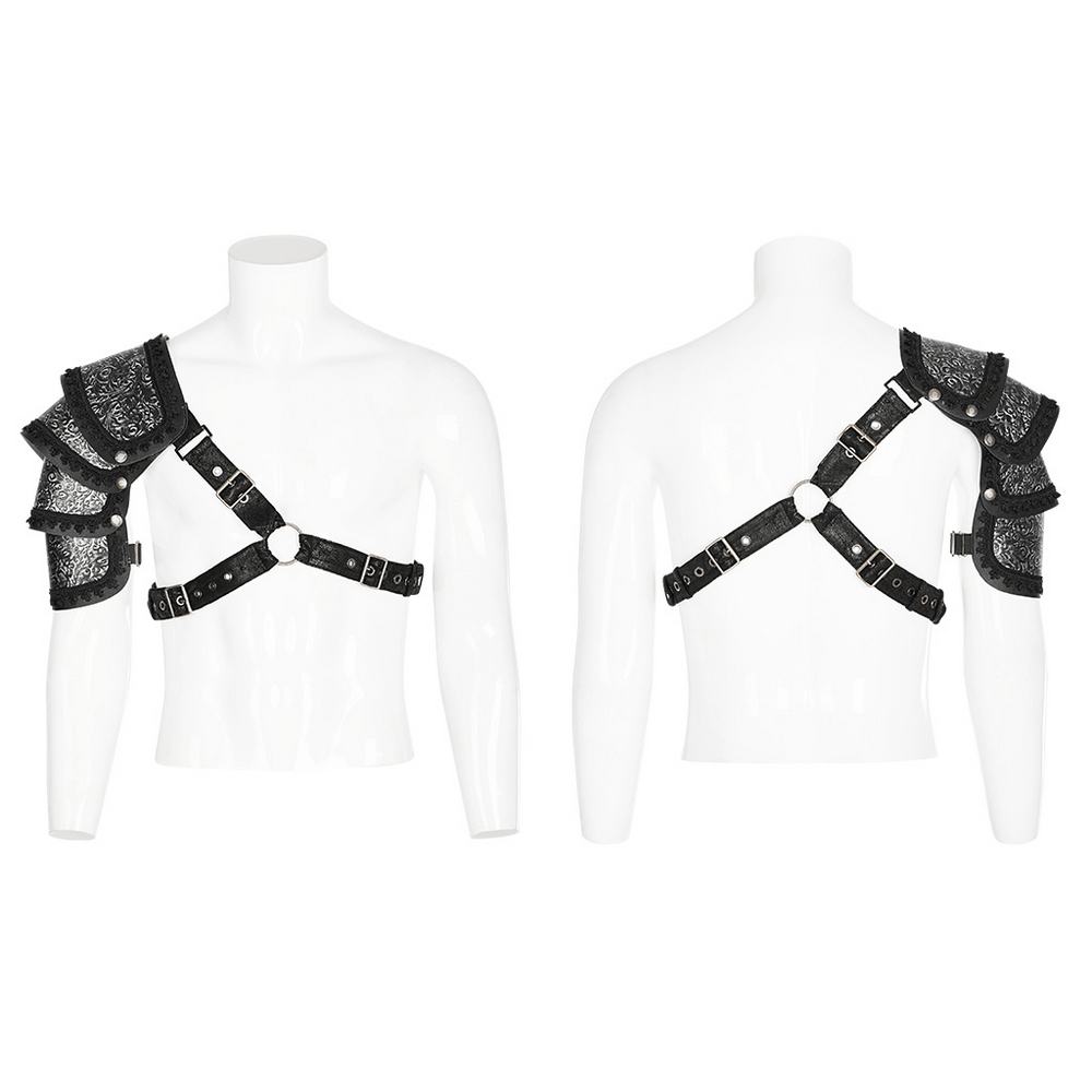 Embossed Leather Gothic Shoulder Guard for Men, featuring flexible snap-buttons and adjustable straps for a secure fit.