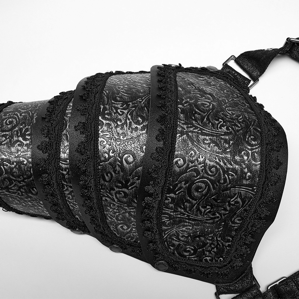 Embossed leather gothic shoulder guard featuring textured design and adjustable straps for men.