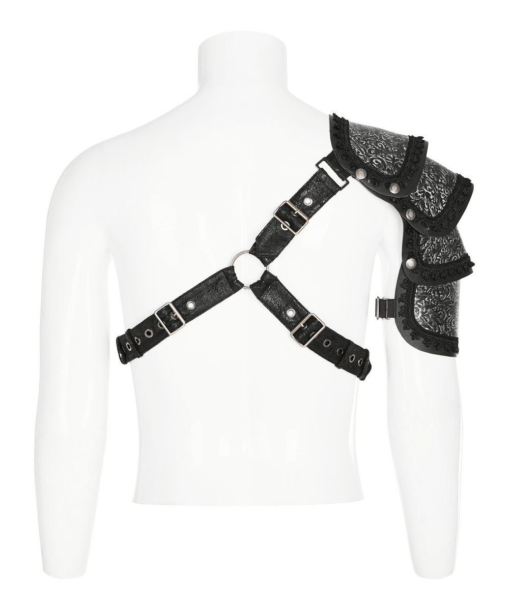 Back view of embossed leather Gothic shoulder guard for men, showcasing adjustable straps and bold design.