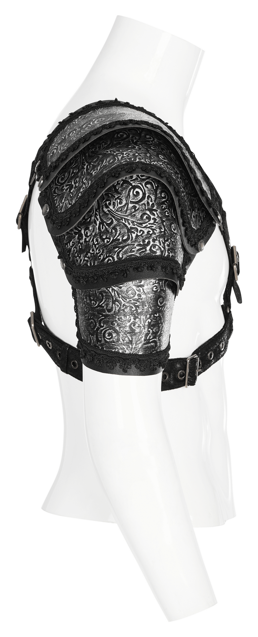 Embossed leather gothic shoulder guard for men, featuring a bold design and adjustable straps for a secure fit.