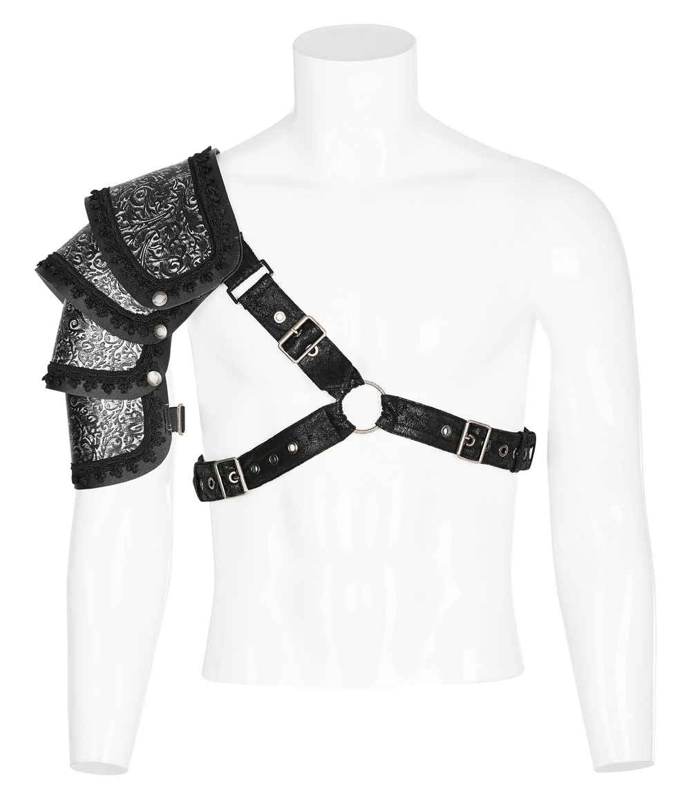 Embossed Leather Gothic Shoulder Guard for men, featuring adjustable straps and bold design.