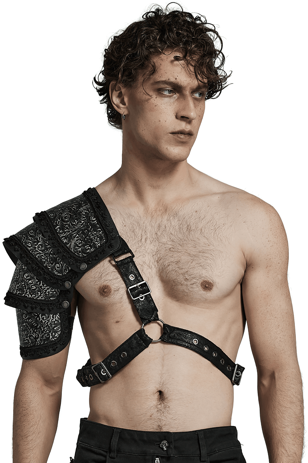Stylish man wearing an Embossed Leather Gothic Shoulder Guard, showcasing bold design and adjustable straps.