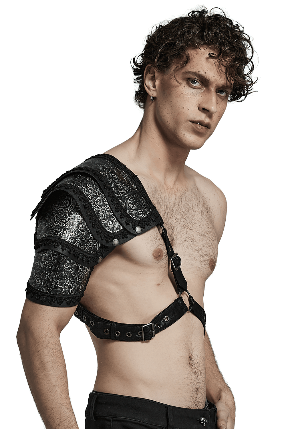 Men's embossed leather Gothic shoulder guard showcasing bold design and fit.