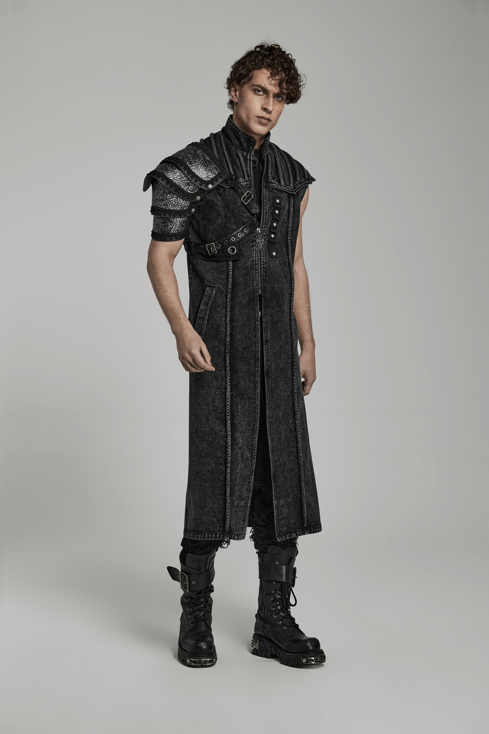 Stylish man wearing an Embossed Leather Gothic Shoulder Guard, showcasing bold design and modern gothic fashion.