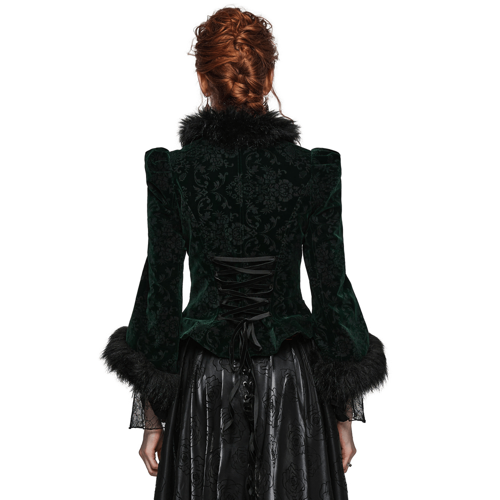 Back view of an embossed velvet goth short jacket with luxurious wool trim and elegant lace-up detailing.
