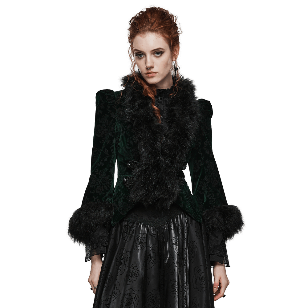 Opulent Goth short velvet jacket with wool trim and luxurious fur neckline, perfect for fashion-forward style.