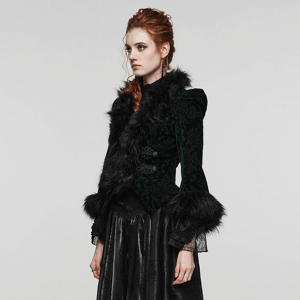 Opulent black embossed velvet goth short jacket with luxurious wool trim, perfect for fashion-forward looks.