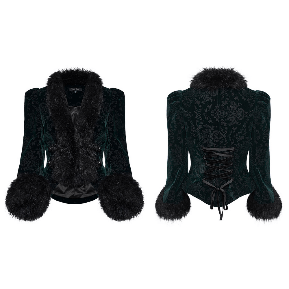 Opulent gothic short jacket in embossed velvet featuring plush fur trim and elegant lace-up back detail.