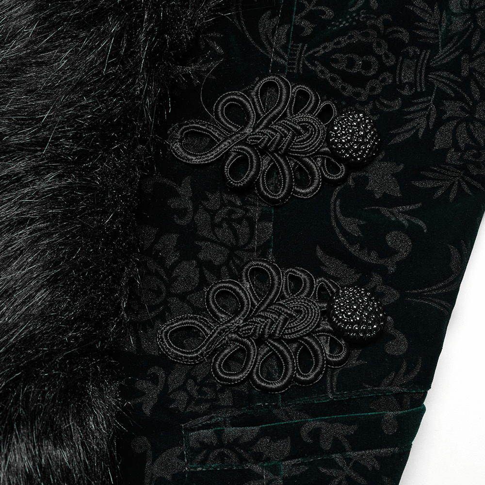 Close-up of embossed velvet goth short jacket with elegant wool trim and ornate button details.