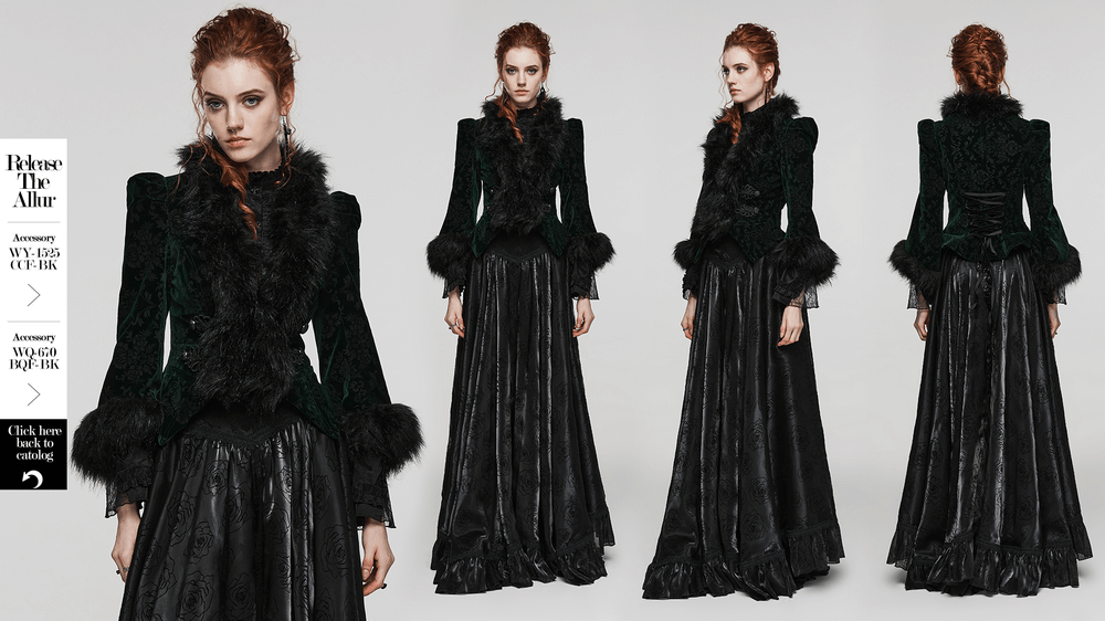 Elegant embossed velvet goth jacket with wool trim, featuring a chic silhouette and dramatic bell sleeves.